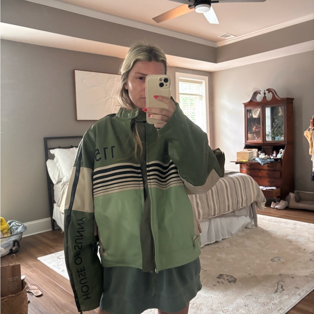 House of Sunny Green and Cream Panel Bomber Jacket